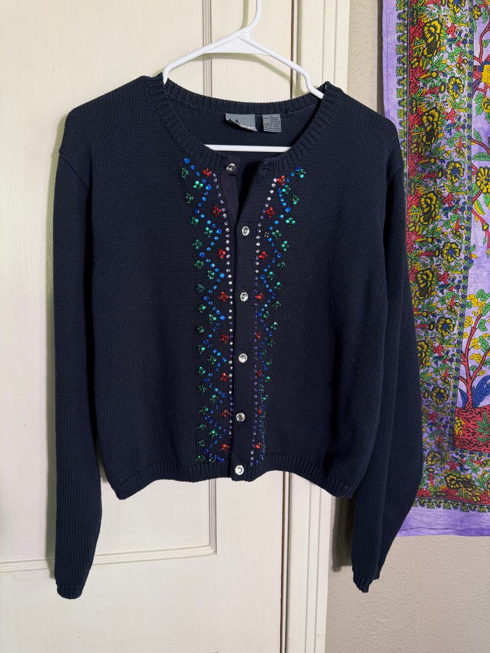 Vintage Liz Wear Navy Rhinestone Cardigan Womens Small Jeweled Cotton Sweater